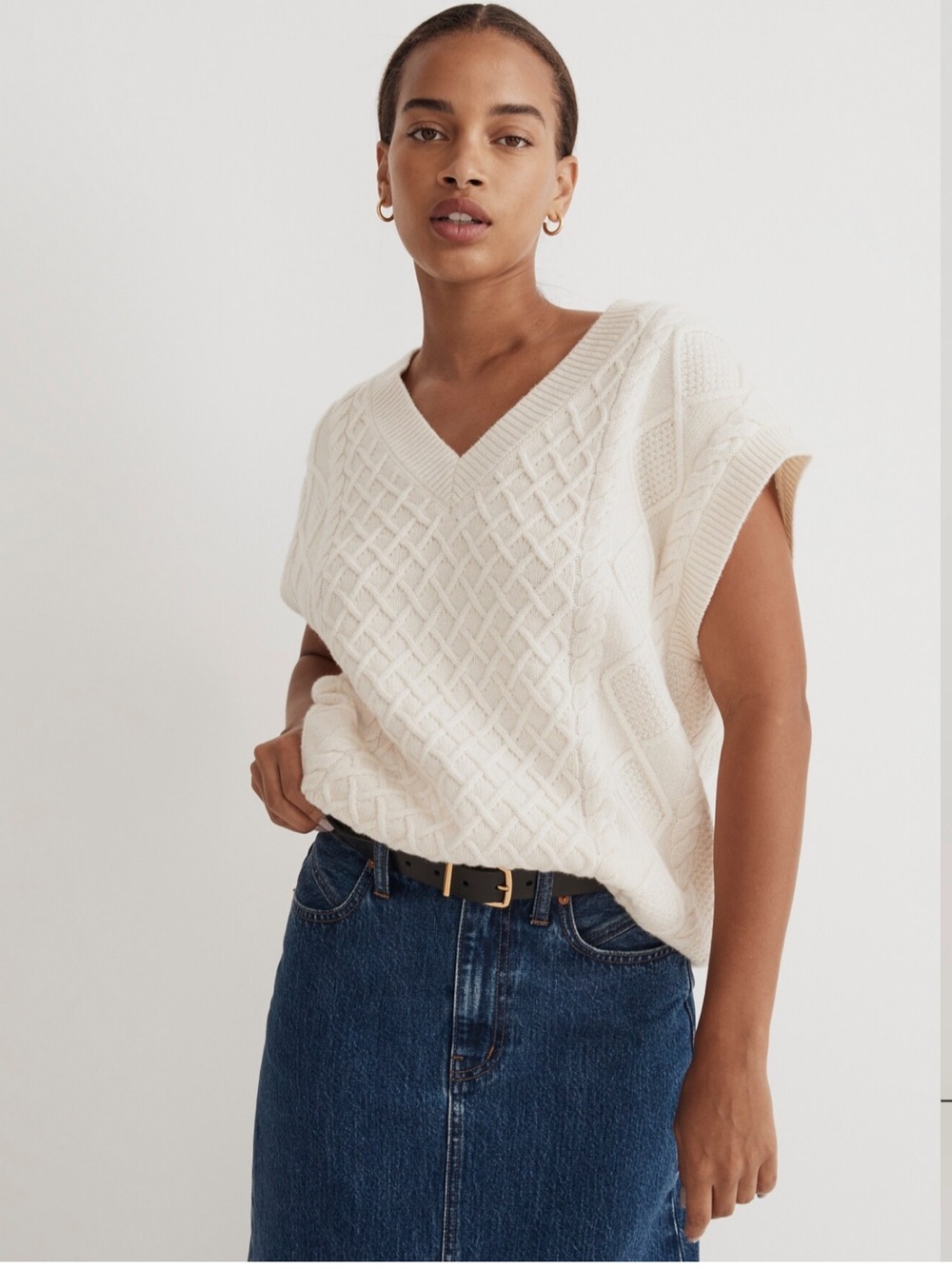 Madewell Antique Cream Cable Knit V-Neck Sweater Vest Wool Blend